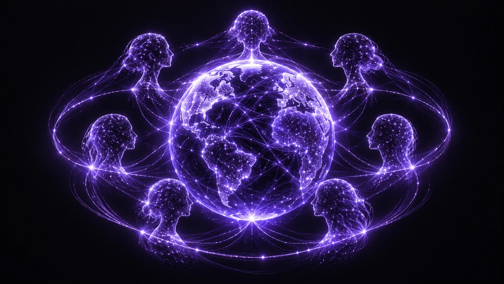 Violet constellations of human profiles connected around a luminous Earth.